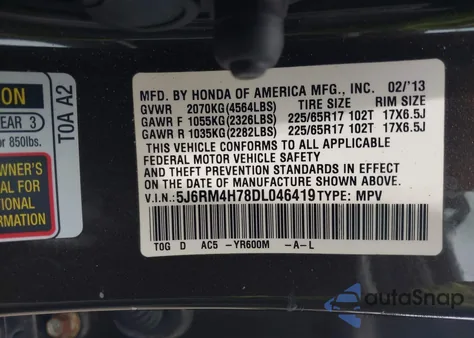 2013 Honda Cr-V Ex-L z USA, uszkodzony, nr VIN 5J6RM4H78DL046419